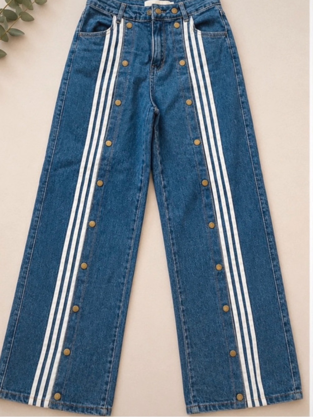 Wide Leg Blue Stripe-Detail Women’s Jeans long